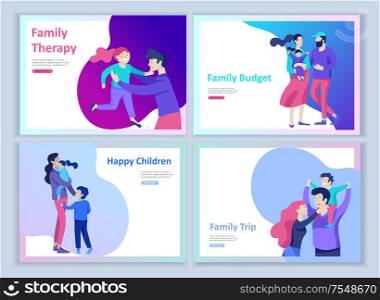 Set of Landing page templates happy family, travel and psychotherapy, family health care, goods entertainment for mother father and their children. Parents with daughter and son have fun togethers. Set of Landing page templates happy family, travel and psychotherapy, family health care, goods entertainment for mother father and their children. Parents with daughter and son have fun