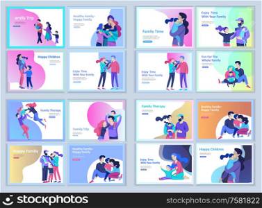 Set of Landing page templates happy family, travel and psychotherapy, family health care, goods entertainment for mother father and their children. Parents with daughter and son have fun togethers. Set of Landing page templates happy family, travel and psychotherapy, family health care, goods entertainment for mother father and their children. Parents with daughter and son
