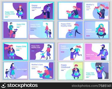 Set of Landing page templates happy family, travel and psychotherapy, family health care, goods entertainment for mother father and their children. Parents with daughter and son have fun togethers. Set of Landing page templates happy family, travel and psychotherapy, family health care, goods entertainment for mother father and their children. Parents with daughter and son