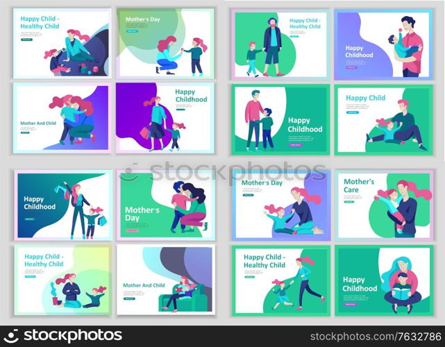 Set of Landing page templates happy family, travel and psychotherapy, family health care, goods entertainment for mother father and their children. Parents with daughter and son have fun togethers. Set of Landing page templates happy family, travel and psychotherapy, family health care, goods entertainment for mother father and their children. Parents with daughter and son