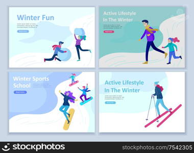 Set of Landing page templates. People dressed in winter clothes or outerwear performing outdoor activities fun. Snow festival, sledding or snowboard. Christmas family ski skating, skiing extreme sport. Set of Landing page templates. People dressed in winter clothes or outerwear performing outdoor activities fun. Snow festival, sledding or snowboard. Christmas family ski skating, skiing extreme