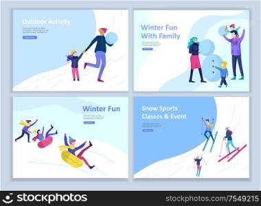 Set of Landing page templates. People dressed in winter clothes or outerwear performing outdoor activities fun. Snow festival, sledding or snowboard. Christmas family ski skating, skiing extreme sport. Set of Landing page templates. People dressed in winter clothes or outerwear performing outdoor activities fun. Snow festival, sledding or snowboard. Christmas family ski skating, skiing extreme