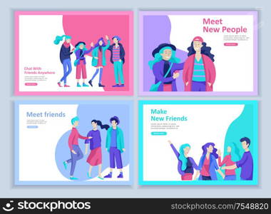 Set of Landing page templates. Vector people happy friends character teenagers with gadgets are walking and chatting, meet new people, chat with old friends and make new. Colorful flat illustration. Set of Landing page templates. Vector people happy friends character teenagers with gadgets are walking and chatting