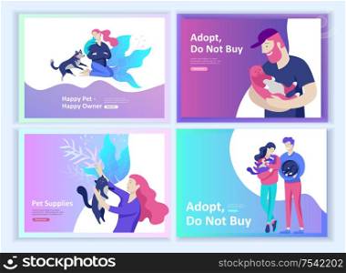 Set of Landing page templates with Vector character. Happy people with their pets, cat love their owners, care and love, pet shop and veterinary pharmacy. Animal Protection Day and adoption. ?oncept illustration. Set of Landing page templates with Vector character. Happy people with their pets, cat love their owners, care and love, pet shop and veterinary pharmacy. Animal Protection Day and adoption