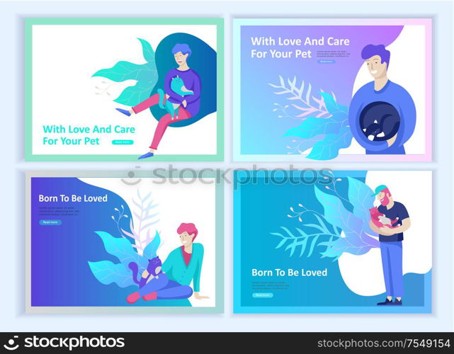 Set of Landing Page Templates with Vector Symbol. Happy people with their pets, a cat loves its owners, care and love, a pet shop and a veterinary pharmacy. Animal Day and adoption. Vector illustration. Set of Landing Page Templates with Vector Symbol. Happy people with their pets, a cat loves its owners, care and love, a pet shop and a veterinary pharmacy. Animal Day and adoption. Vector