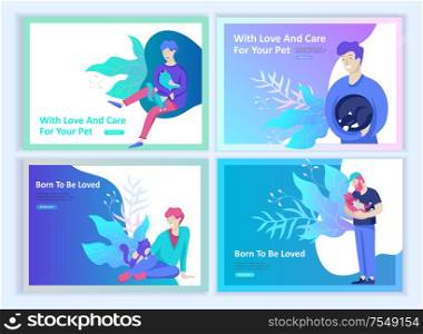 Set of Landing Page Templates with Vector Symbol. Happy people with their pets, a cat loves its owners, care and love, a pet shop and a veterinary pharmacy. Animal Day and adoption. Vector illustration. Set of Landing Page Templates with Vector Symbol. Happy people with their pets, a cat loves its owners, care and love, a pet shop and a veterinary pharmacy. Animal Day and adoption. Vector
