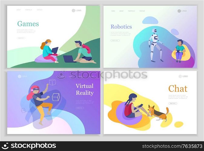 Set of landing page with Happy school children performing various activities or hobbies, playing games on computer or console, programming, launching drone, wearing VR headset. Set of landing page with Happy school children performing various activities or hobbies, playing games on computer or console, programming, launching drone, wearing VR