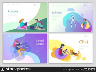 Set of landing page with Happy school children performing various activities or hobbies, playing games on computer or console, programming, launching drone, wearing VR headset. Set of landing page with Happy school children performing various activities or hobbies, playing games on computer or console, programming, launching drone, wearing VR