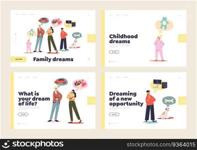 Set of landing pages for family dream concept with married couple and kids imagine dreams in bubbles. Cute parents and children dreaming. Cartoon flat vector illustration. Set of landing pages for family dream concept with married couple and kids imagine dreams in bubbles