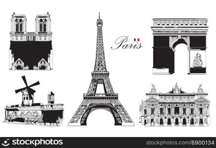 Set of landmarks of Paris (Eiffel tower,Triumphal Arch, Notre Dame Cathedral, Moulin Rouge, Opera Garnier). Vector hand drawing illustration in black color isolated on white background