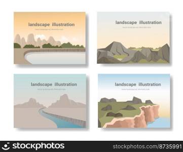Set of landscape Catalog, mountains lake wall art poster design, Hiking adventure background. Vector illustration