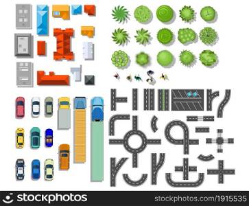 Set of landscape elements. Houses, architectural elements, plants. Top view. Road, cars, people, houses trees Vector illustration in flat style. Set of landscape elements.