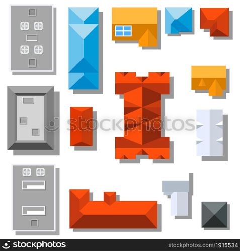 Set of landscape elements Houses. City Top view. Vector illustration in flat style. Top view roofs