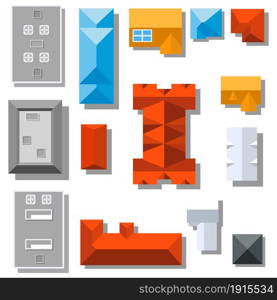 Set of landscape elements Houses. City Top view. Vector illustration in flat style. Top view roofs