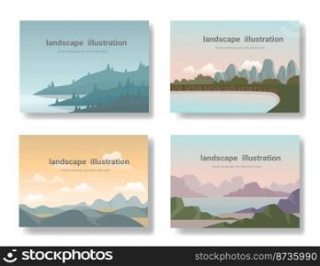 Set of landscape illustration, mountains and lakes flat style, Beautiful Natural wallpapers, vector illustration.