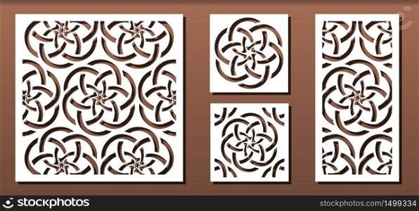 Set of laser cut panel templates with geometric pattern. For metal cutting, wood carving, panel decor, paper art, stencil or die for fretwork, card background design. Vector illustration