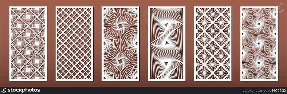 Set of laser cut templates with geometric pattern. For metal cutting, wood carving, panel decor, paper art, stencil or die for fretwork, card background design. Vctor illustration