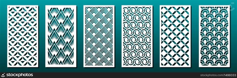 Set of laser cut templates with geometric pattern. For metal cutting, wood carving, panel decor, paper art, stencil or die for fretwork, card background design. Vctor illustration