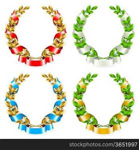 Set of laurel wreaths with ribbon on the white background