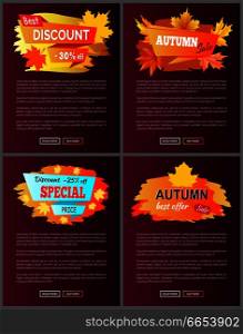 Set of leaflets with foliage autumn big sale 2017 best offer special price discounts on fall collection web banners, buttons read more and buy now vector. Set of Leaflets with Foliage Autumn Big Sale 2017