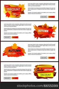 Set of leaflets with foliage autumn big sale 2017 best offer special price discounts on fall collection web banners, buttons read more and buy now vector. Set of Leaflets with Foliage Autumn Big Sale 2017