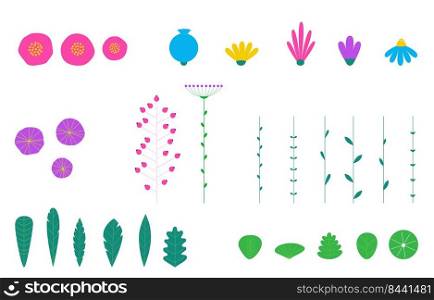 Set of leaves and flowers isolated on white background. Trendy flat design nature plant and tropical foliage.