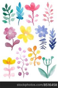 Set of leaves and watercolor flowers. Floral colorful collection. Flowers for design invitations and greeting cards.