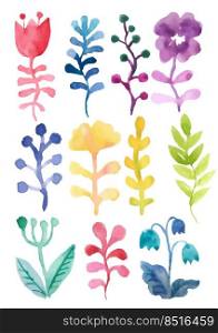 Set of leaves and watercolor flowers. Floral colorful collection. Flowers for design invitations and greeting cards.