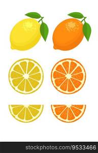 Set of lemon slice lemon fruit and leaf on white background Vector illustration.