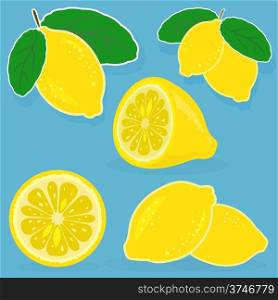 Set of lemon vector illustrations on blue background