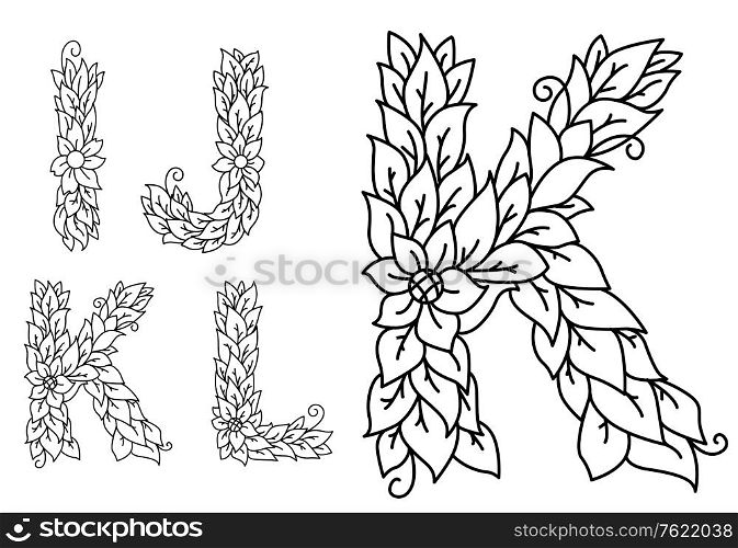 Set of letters I, J, K, L in floral style for design