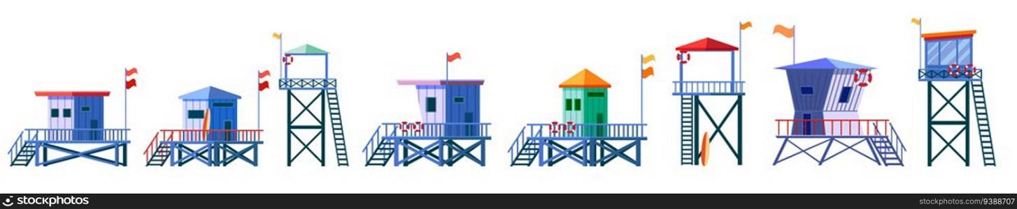 Set of Lifeguard Tower icons. Station beach building illustration style isolated. Set of Lifeguard Tower icons. Station beach building