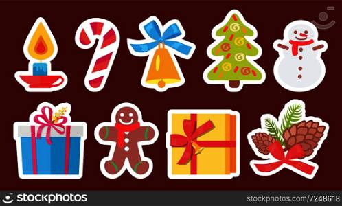 Set of light Christmas symbols isolated on brown background. Vector illustration with decorated spruce, burning candle and baked cookie in shape of person. Set of Light Christmas Symbols Vector Illustration