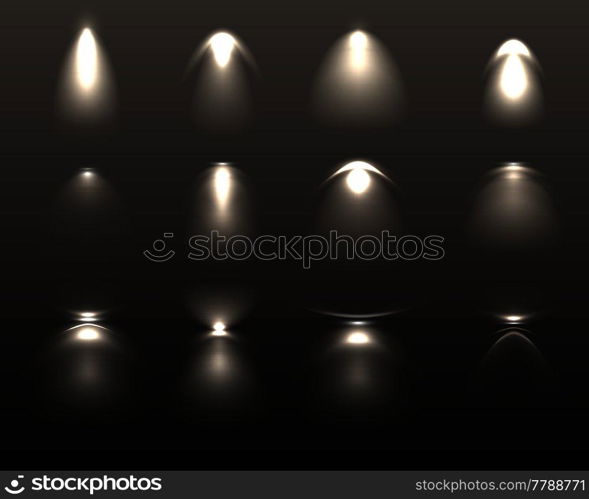 Set of light effects from various artificial lamps of white color on black background isolated vector illustration . Light Effects Set