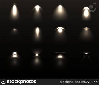 Set of light effects from various artificial lamps of white color on black background isolated vector illustration . Light Effects Set