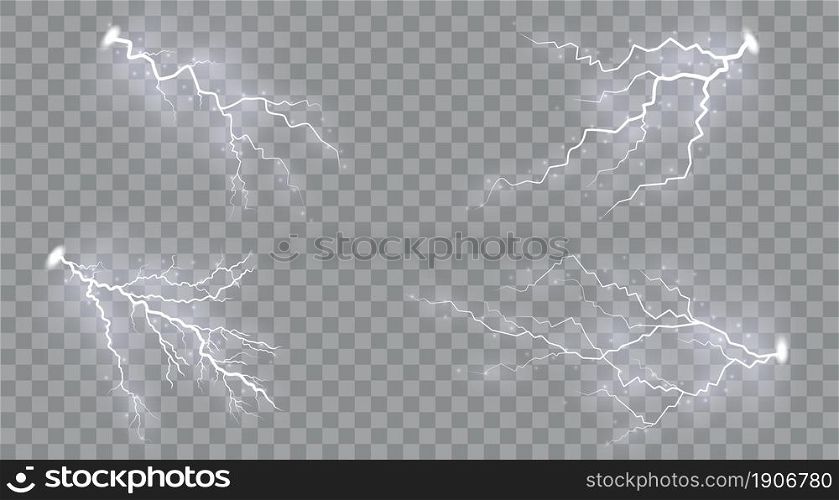 Set of lightnings Magic and bright lighting effects. set of zippers, thunderstorm and lightning, symbol of natural strength or magic, light and shine, abstract, electricity and explosion.. Set of lightnings Magic and bright lighting effects.