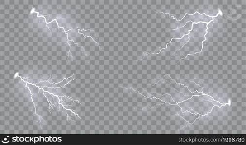 Set of lightnings Magic and bright lighting effects. set of zippers, thunderstorm and lightning, symbol of natural strength or magic, light and shine, abstract, electricity and explosion.. Set of lightnings Magic and bright lighting effects.