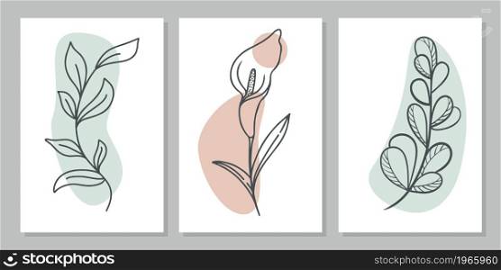 Set of line art paintings, vector illustration. Collection of botanical minimalist paintings, wall decoration. One line contour modern drawing. Vector illustration with flower and deciduous twigs.. Set of line art paintings, vector illustration.