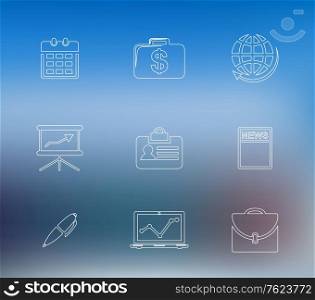 Set of line drawing business icons depicting a calendar, briefcase with dollars, globe, graphs, name tag, newspaper, pen and laptop on a blue abstract background