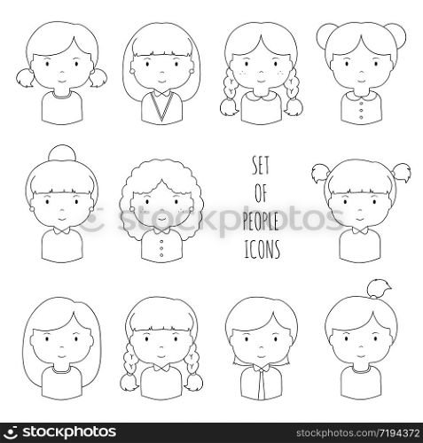 Set of line female faces icons. Funny cartoon hand drawn faces sketch pictogram for your design. Collection of woman avatar. Businesswoman. Trendy doodle style. Vector illustration.. Set of line female faces icons. Funny cartoon hand drawn faces sketch pictogram for your design. Collection of cute woman avatar. Businesswoman. Trendy doodle style. Vector illustration.