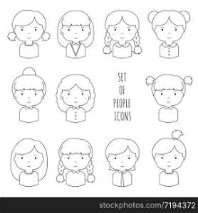 Set of line female faces icons. Funny cartoon hand drawn faces sketch pictogram for your design. Collection of woman avatar. Businesswoman. Trendy doodle style. Vector illustration.. Set of line female faces icons. Funny cartoon hand drawn faces sketch pictogram for your design. Collection of cute woman avatar. Businesswoman. Trendy doodle style. Vector illustration.