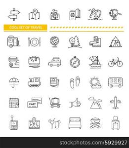 Set of line icon concept travel. Transportation and holiday, trip and plane, train and location, car and airplane, bus and ship, luggage and vacation, journey and camera, globe map illustration
