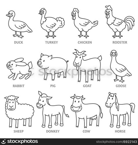 Set of line style cartoon farm animals. Stylized meat animaks and bird