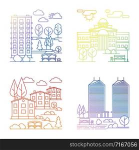 Set of line village and city landscape vector banners. Line village and city landscape banners