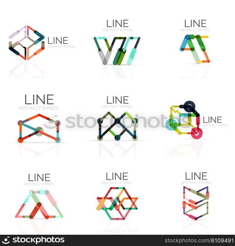 Set of linear abstract logos, connected multicolored segments of lines in geometrical figures. Vector wire business icon collection isolated on white