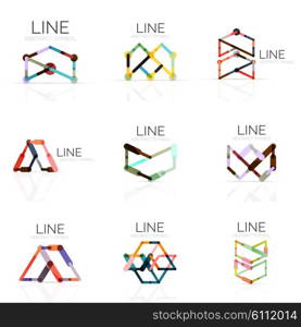 Set of linear abstract logos, connected multicolored segments of lines in geometrical figures. Vector wire business icon collection isolated on white