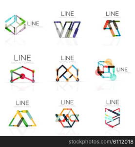 Set of linear abstract logos, connected multicolored segments of lines in geometrical figures. Vector wire business icon collection isolated on white