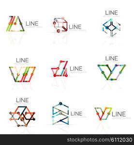 Set of linear abstract logos, connected multicolored segments of lines in geometrical figures. Vector wire business icon collection isolated on white