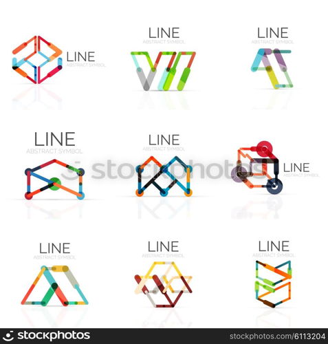 Set of linear abstract logos, connected multicolored segments of lines in geometrical figures. Vector wire business icon collection isolated on white