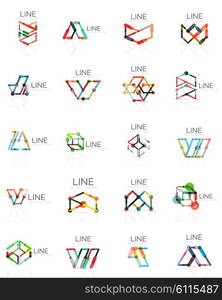 Set of linear abstract logos, connected multicolored segments of lines in geometrical figures. Vector wire business icon collection isolated on white